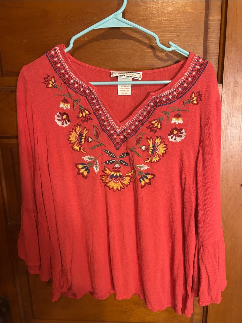 Flying Tomato Embroidered Top with Bell Sleeves